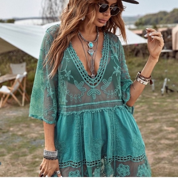 Bohemian Floral Embroidered Beach Cover up Burnt Orange - Picture 12 of 12